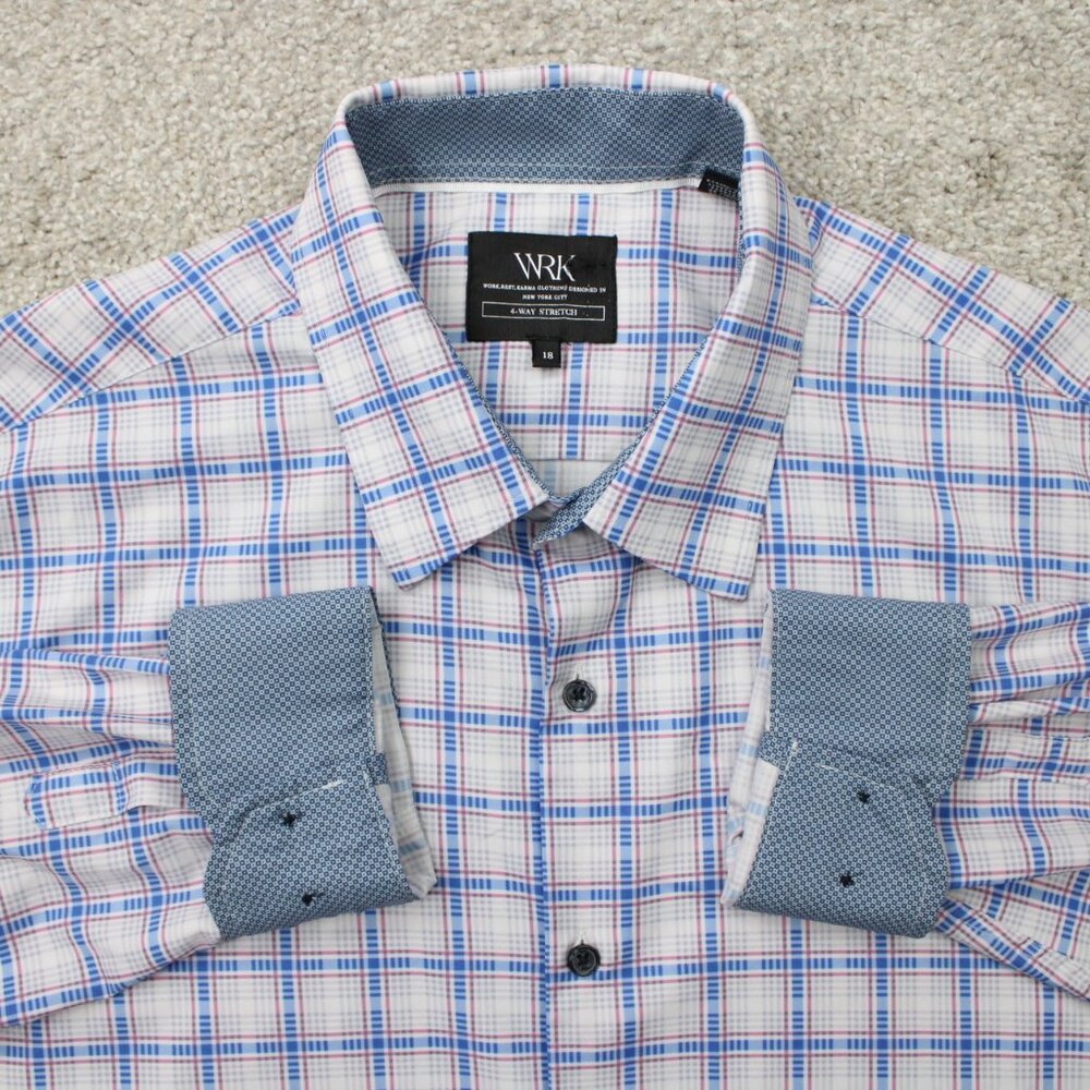 WRK Flip Cuff Dress Shirt Men 18 Gray/Blue‎ 4-Way Stretch Polyester Stretch L/S
